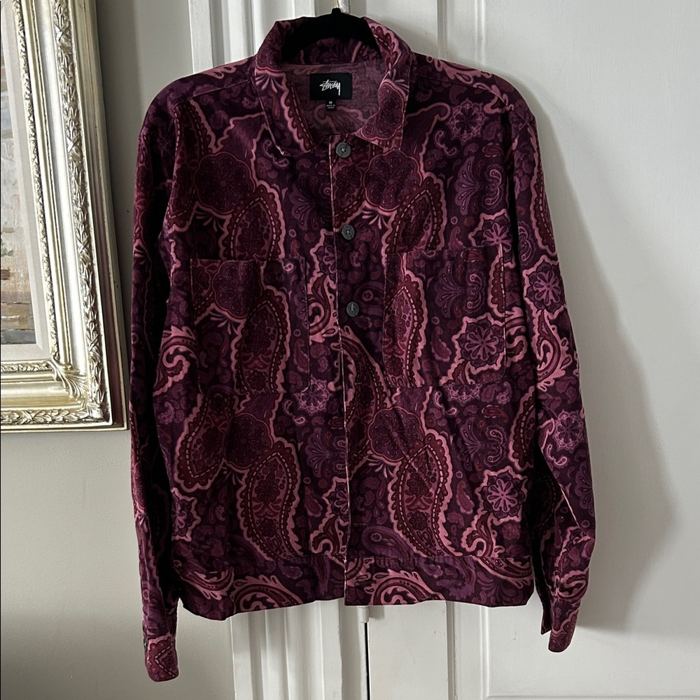 Stussy Burgundy and Pink Paisley Button-Up Shirt Jacket